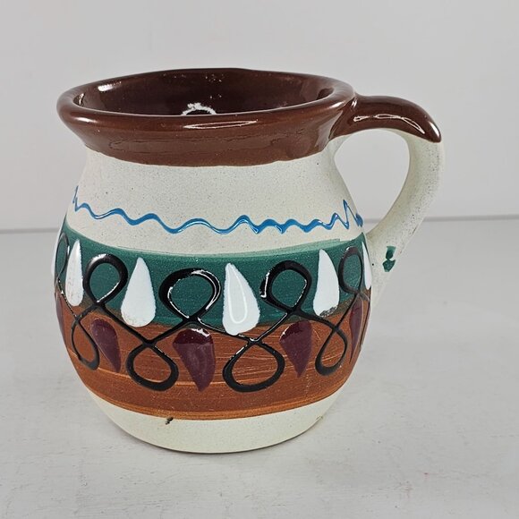 Hand-Painted Mexican Clay Pottery Jarrito Little Jug Glazed Coffee Mug Signed - Picture 3 of 10